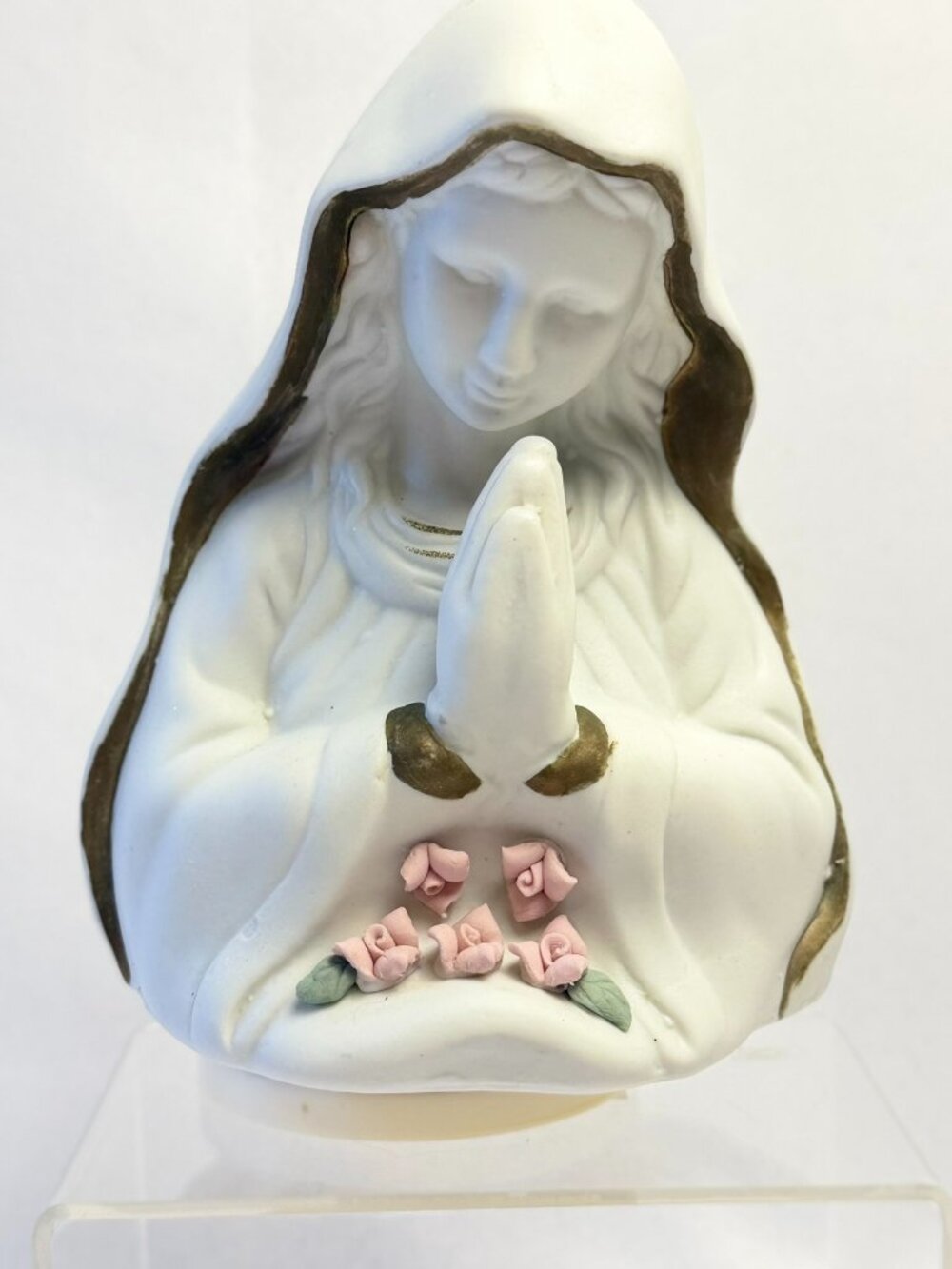 JSNY Matte Porcelain Praying Figure Vintage Religious Music Box Gold Trim Roses